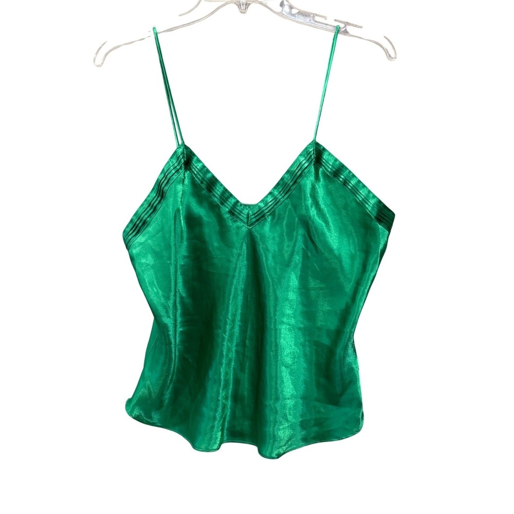 Victorias Secret Gold Label Emerald Green Satin Pintuck Camisole‎ Top Large VTG